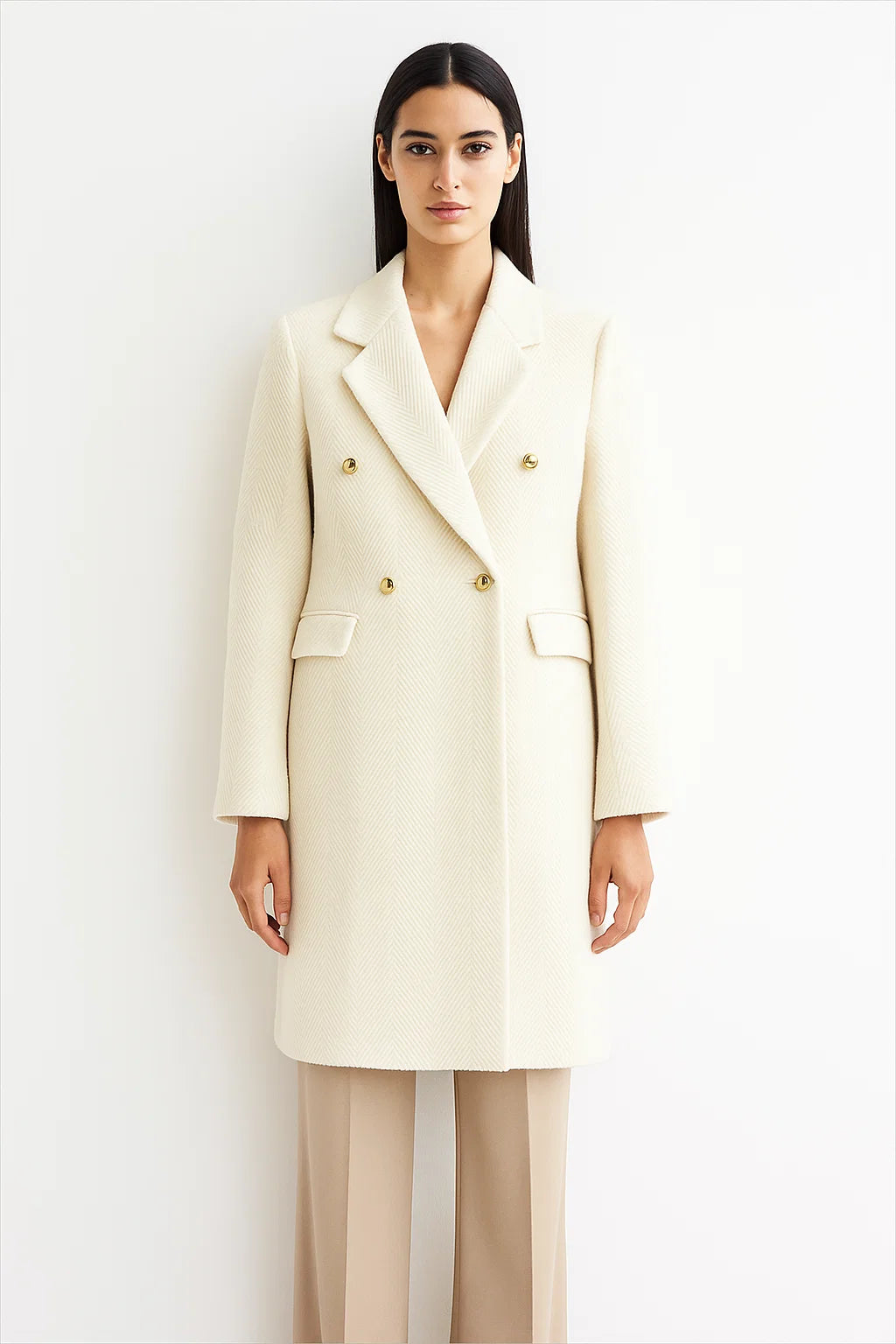 Manteau Femme | Coupe Longue | Double Boutonnage Doré | Tissu A Chevron | Élégant Pour l’Hiver