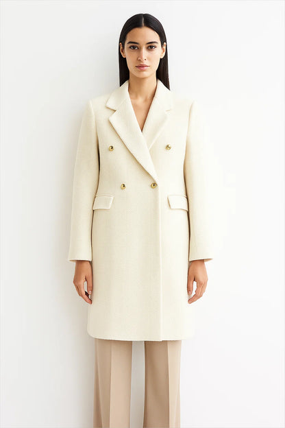 Manteau Femme | Coupe Longue | Double Boutonnage Doré | Tissu A Chevron | Élégant Pour l’Hiver