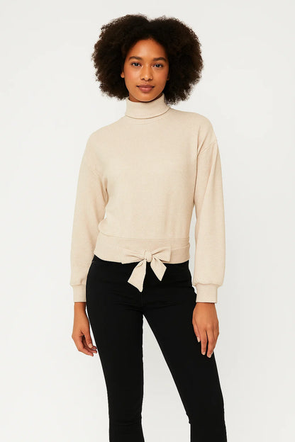 Pull Femme | Col Montant & Nœud A La Taille | Viscose Douce | Élégant Et Confortable Pour l’Hiver