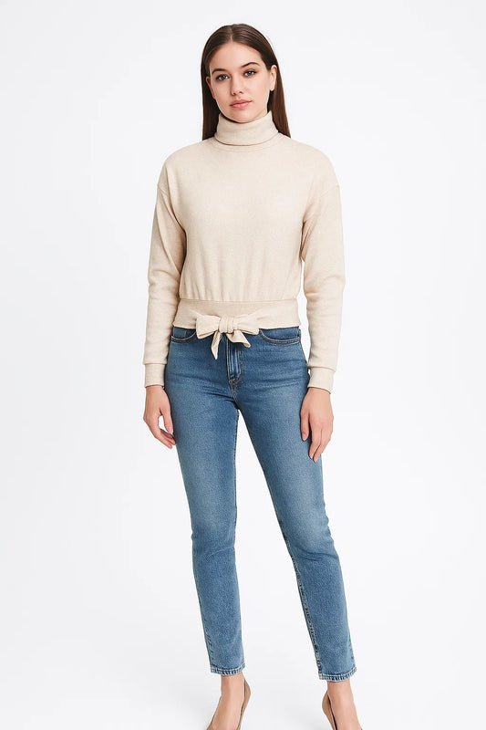 Pull Femme | Col Montant & Nœud A La Taille | Viscose Douce | Élégant Et Confortable Pour l’Hiver