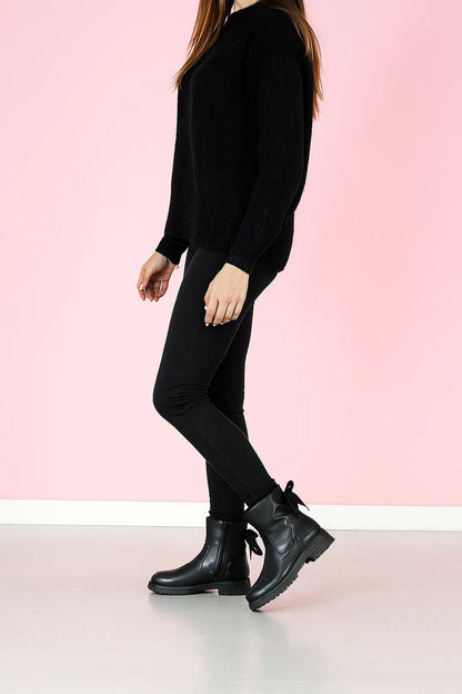 Bottes Femme | Cuir Synthétique Noir Et Ruban Décoratif | Confort Et Style Pour L’Hiver