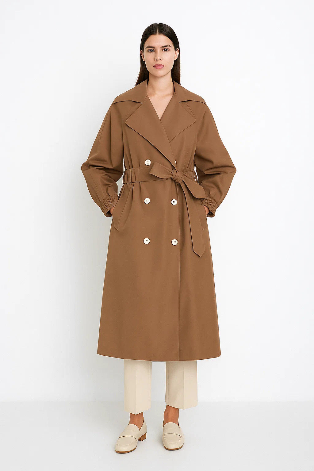 Trench Femme | Long Camel Avec Taille Ceinturée | Élégant Et Intemporel