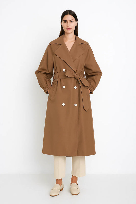 Trench Femme | Long Camel Avec Taille Ceinturée | Élégant Et Intemporel