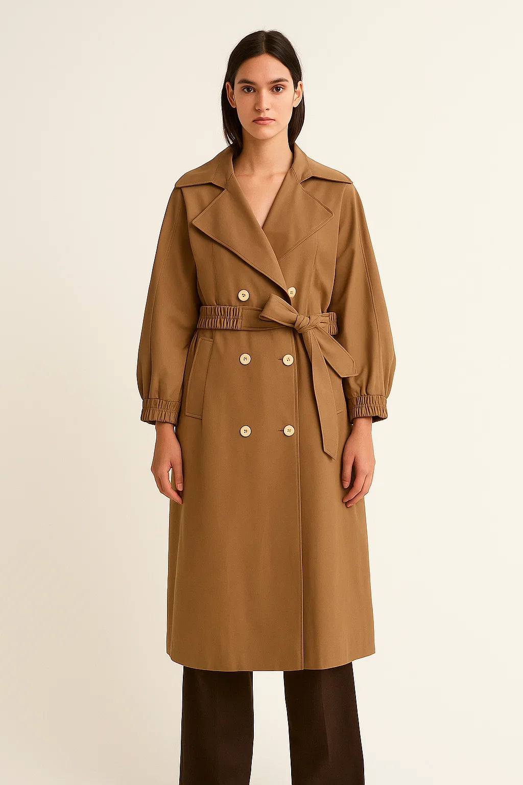 Trench Femme | Long Camel Avec Taille Ceinturée | Élégant Et Intemporel