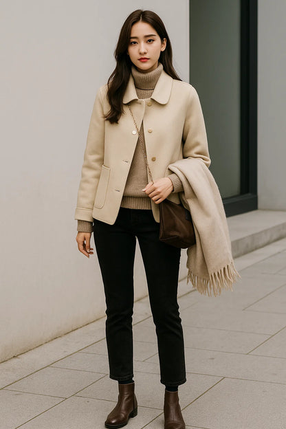 Manteau Court Femme | Laine | Élégant Et Minimaliste | Pour Le Quotidien En Automne-Hiver