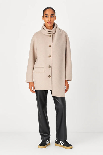 Manteau Femme | Court Et Chaud En Laine Mélangée | Avec Col Montant Intégré