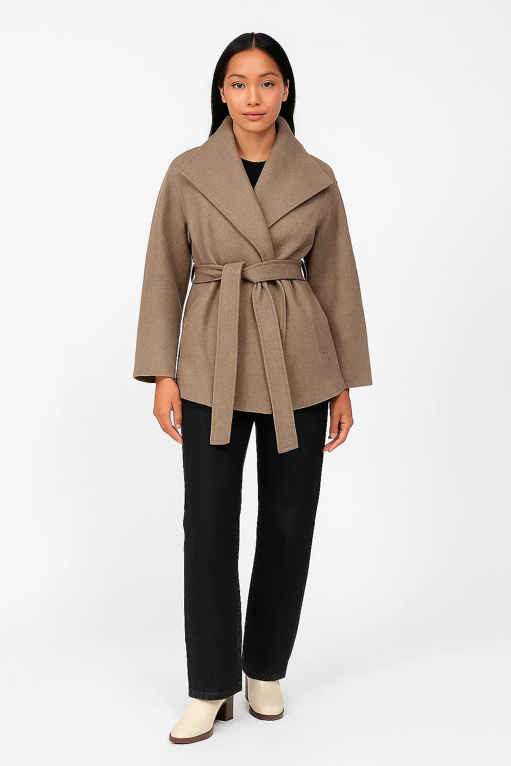 Manteau Femme | Col Large Drapé & Ceinture | Mélange Laine Et Polyester | Idéal Pour Un Look d’Hiver Élégant