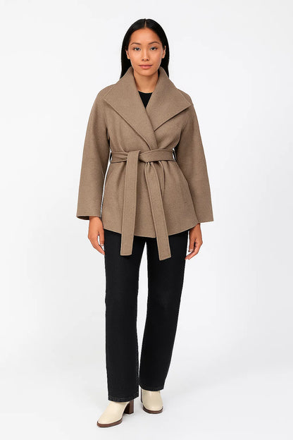 Manteau Femme | Col Large Drapé & Ceinture | Mélange Laine Et Polyester | Idéal Pour Un Look d’Hiver Élégant