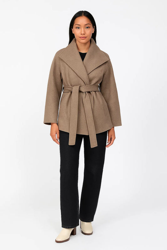 Manteau Femme | Col Large Drapé & Ceinture | Mélange Laine Et Polyester | Idéal Pour Un Look d’Hiver Élégant