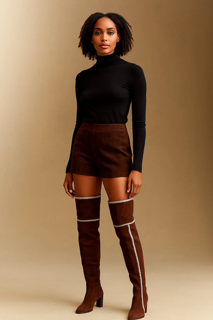 Bottes Femme | Cuissardes En Cuir Véritable | Élégantes Avec Détail Zigzag Contrasté