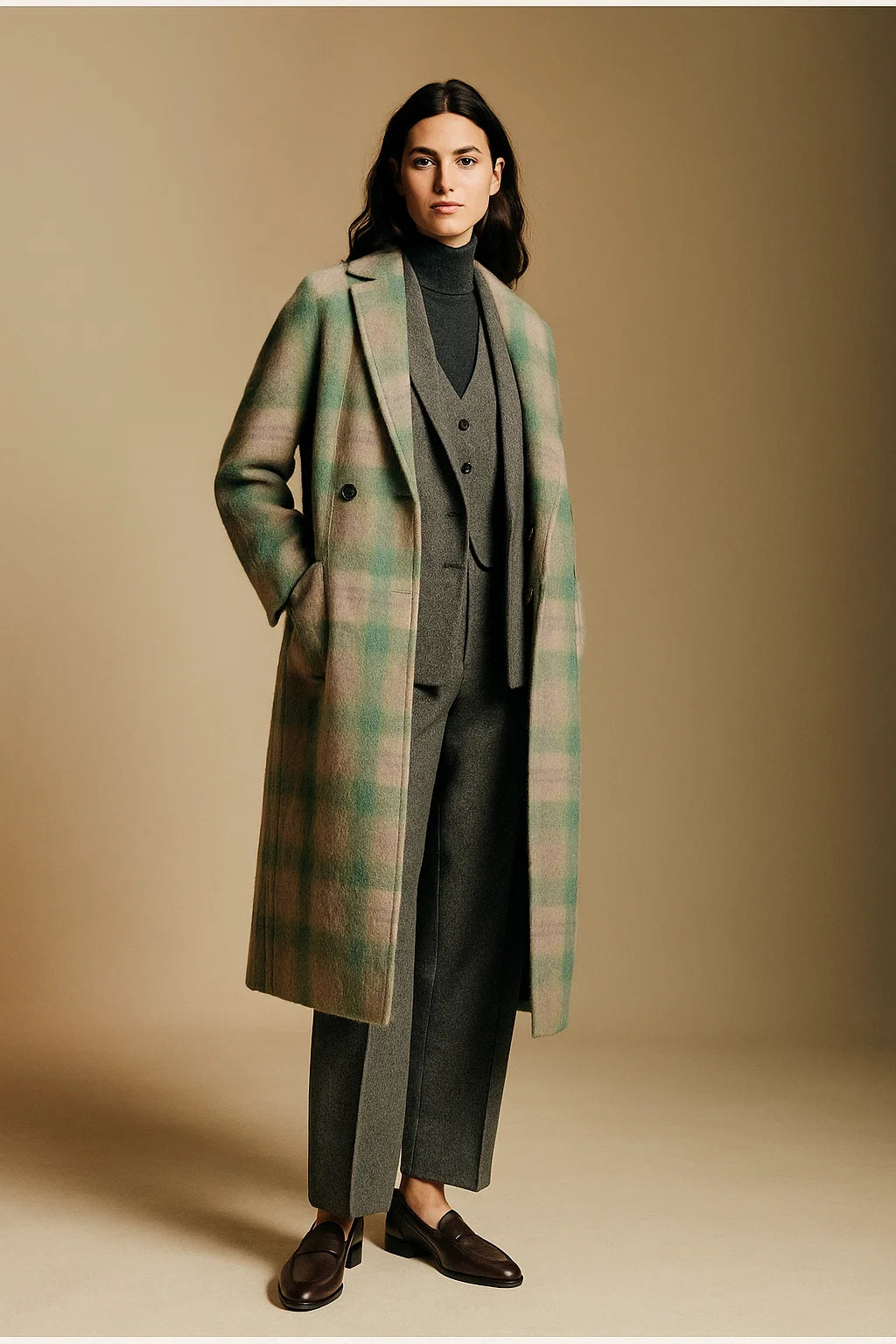 Manteau Femme | Mélange De Laine, Alpaga Et Fibres Recyclées | Long Et À Carreaux