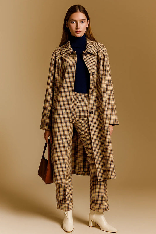 Manteau Femme | Carreaux Élégants | Polyester Recyclé Et Tissu Fluide Pour Le Quotidien