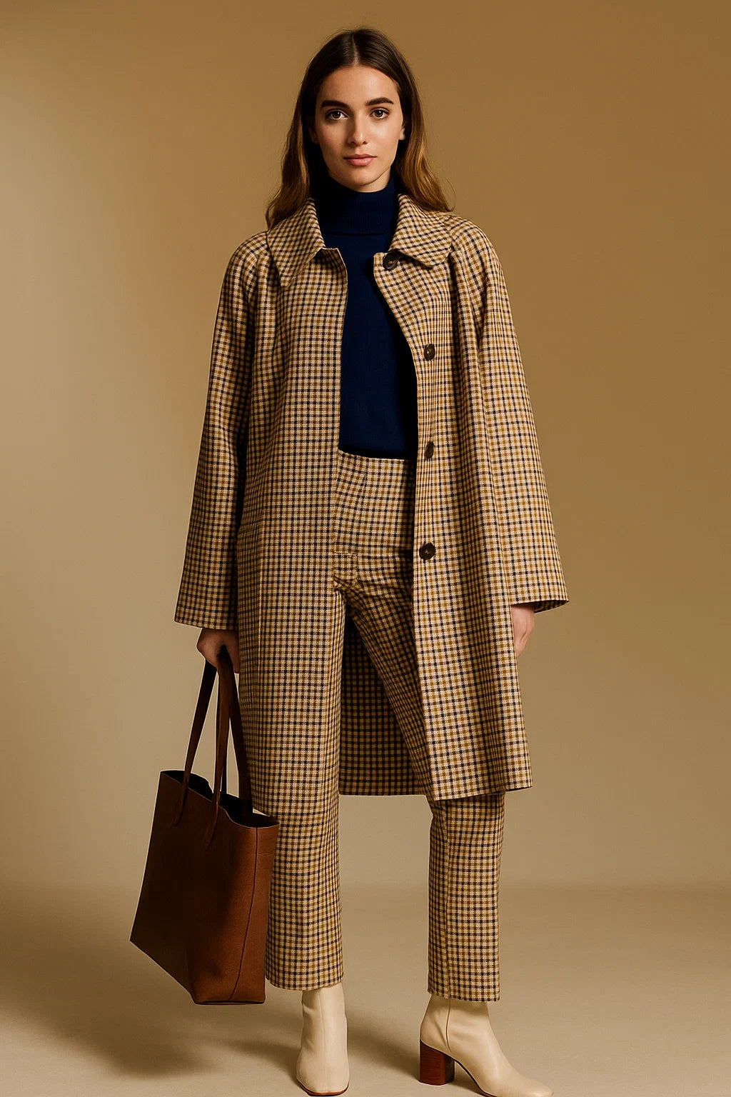 Manteau Femme | Carreaux Élégants | Polyester Recyclé Et Tissu Fluide Pour Le Quotidien