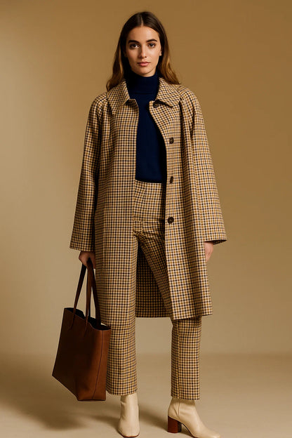 Manteau Femme | Carreaux Élégants | Polyester Recyclé Et Tissu Fluide Pour Le Quotidien