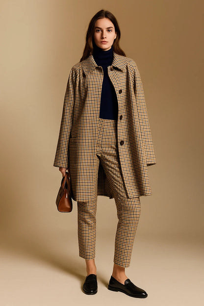 Manteau Femme | Carreaux Élégants | Polyester Recyclé Et Tissu Fluide Pour Le Quotidien