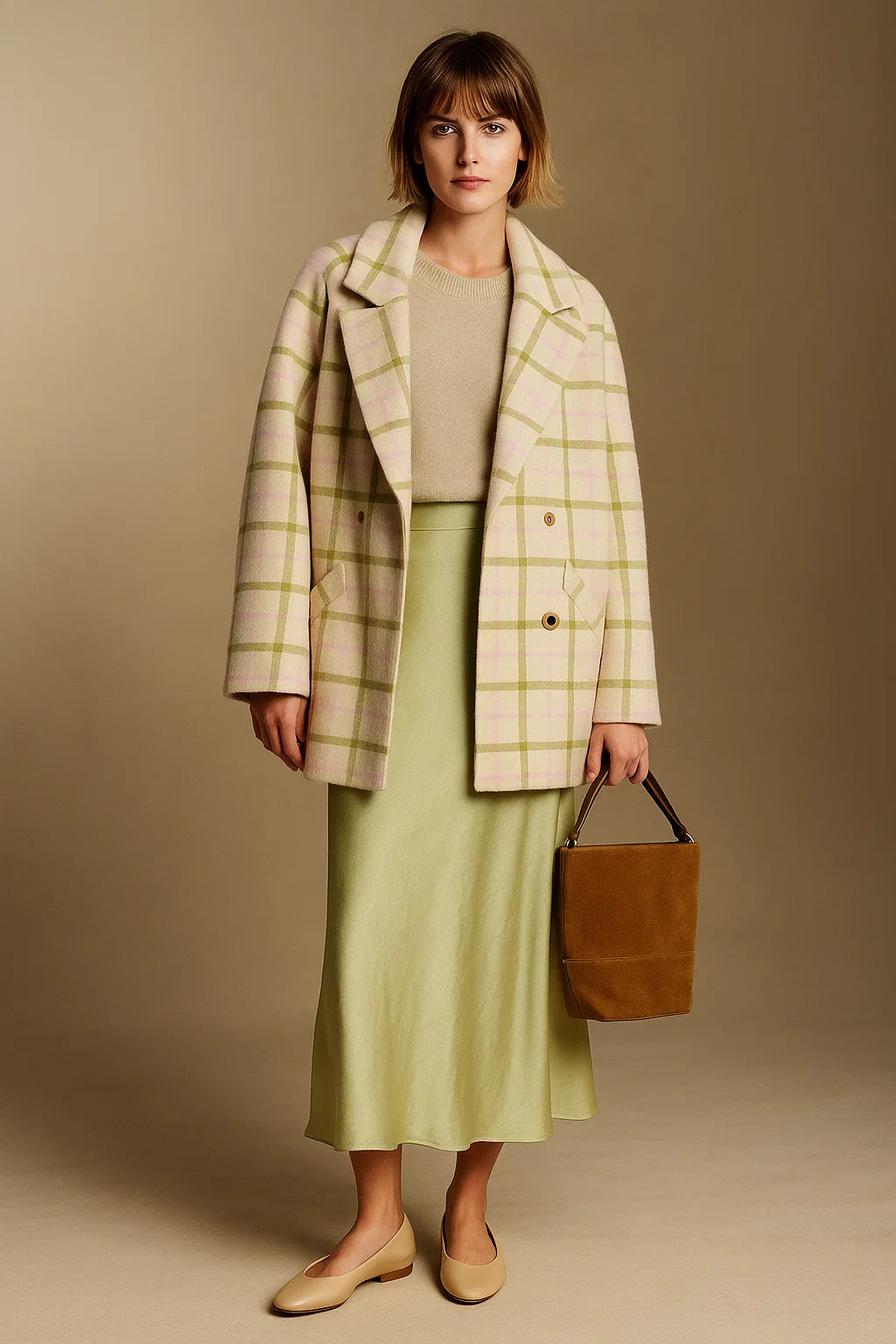 Manteau Femme | Laine, Coton Et Fibres Mélangées | Coupe Droite Et Carreaux Pastel