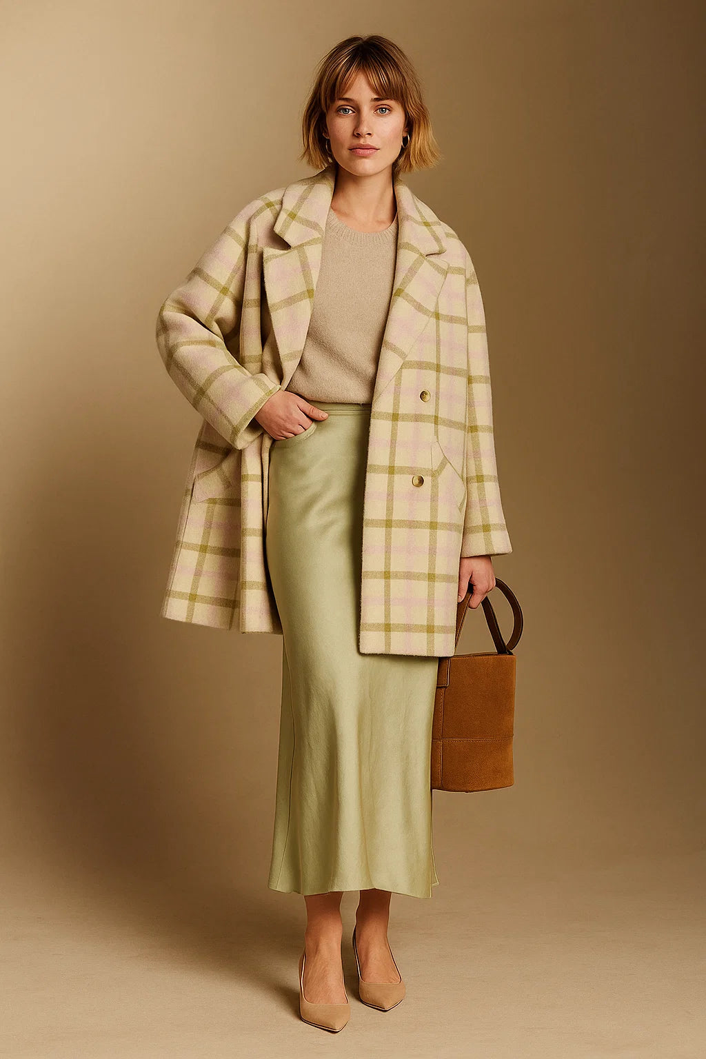 Manteau Femme | Laine, Coton Et Fibres Mélangées | Coupe Droite Et Carreaux Pastel