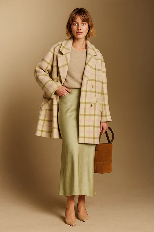 Manteau Femme | Laine, Coton Et Fibres Mélangées | Coupe Droite Et Carreaux Pastel