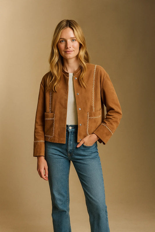 Veste Femme En Cuir | Cuir De Chèvre Suédé Avec Broderies | Esprit Western Chic