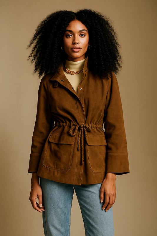 Veste Femme | Cuir Suédé | Cuir De Chèvre Ceinturé Style Saharienne