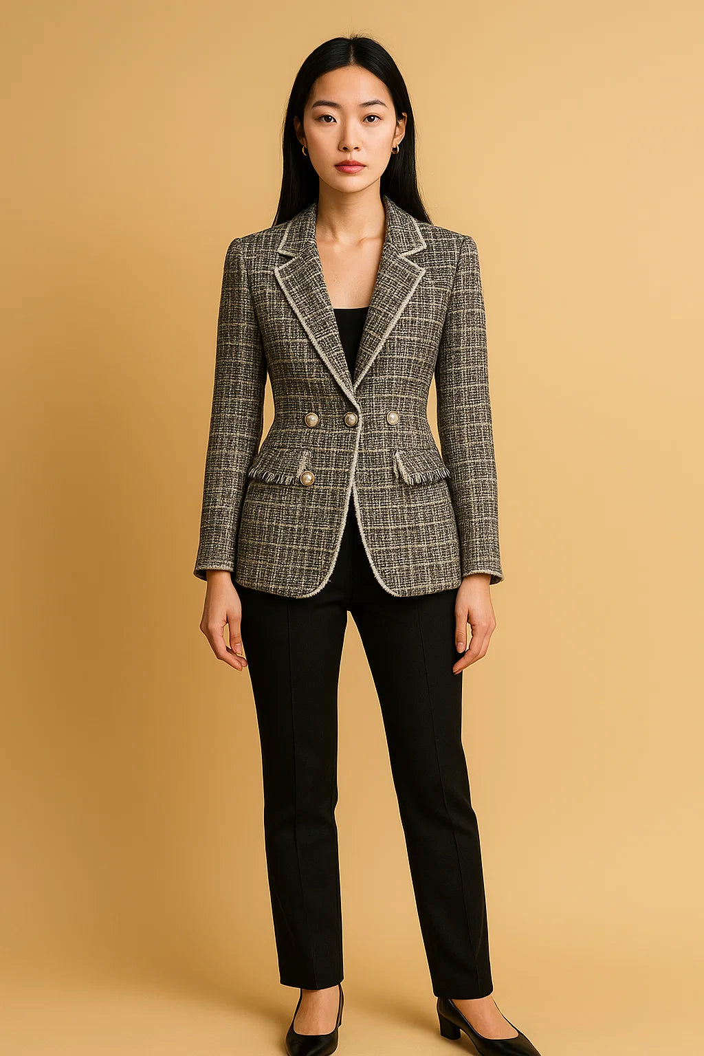 Blazer Cintré En Tweed À Boutons Nacrés | Élégant Et Structuré | Idéal Pour Le Bureau Ou Les Occasions Habillées