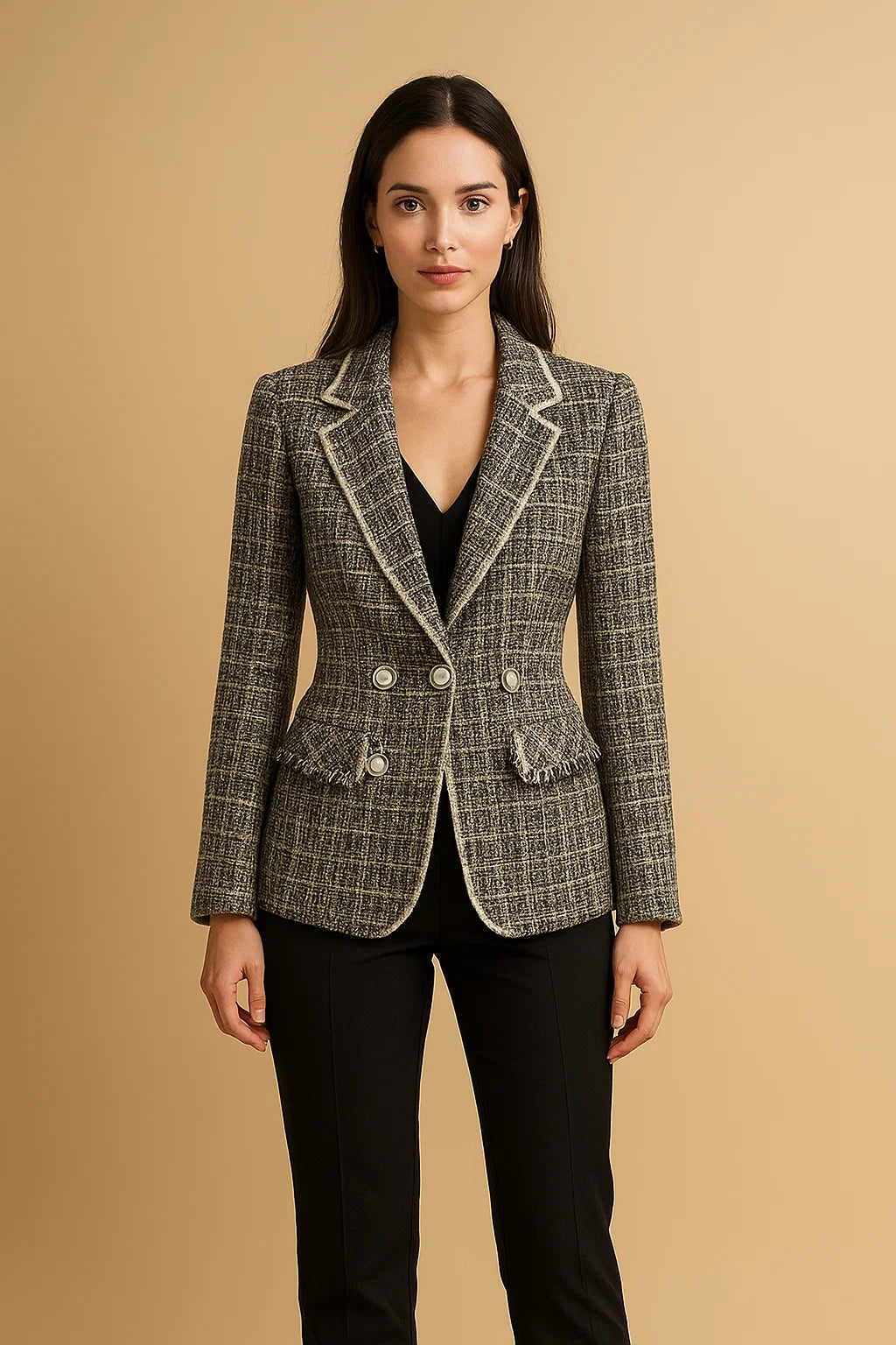Blazer Cintré En Tweed À Boutons Nacrés | Élégant Et Structuré | Idéal Pour Le Bureau Ou Les Occasions Habillées