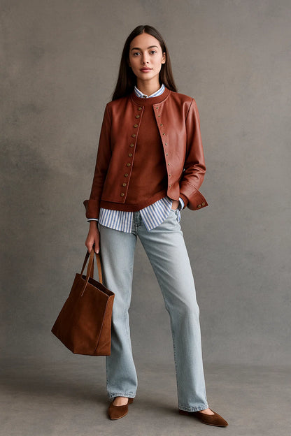 Veste Courte En Cuir | Cuir D’Agneau | Style Moderne Et Élégant | Idéale Pour La Mi-Saison