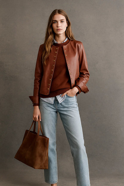 Veste Courte En Cuir | Cuir D’Agneau | Style Moderne Et Élégant | Idéale Pour La Mi-Saison