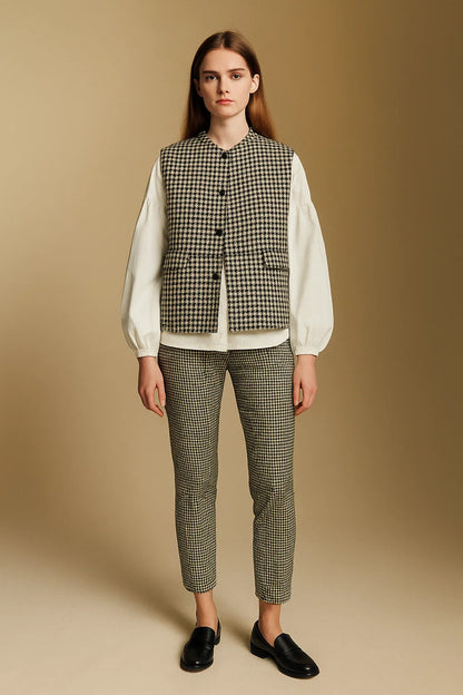 Gilet Sans Manches En Laine Pied-De-Poule | Coupe Droite Structurée | Idéale Pour L’Automne Et Les Superpositions