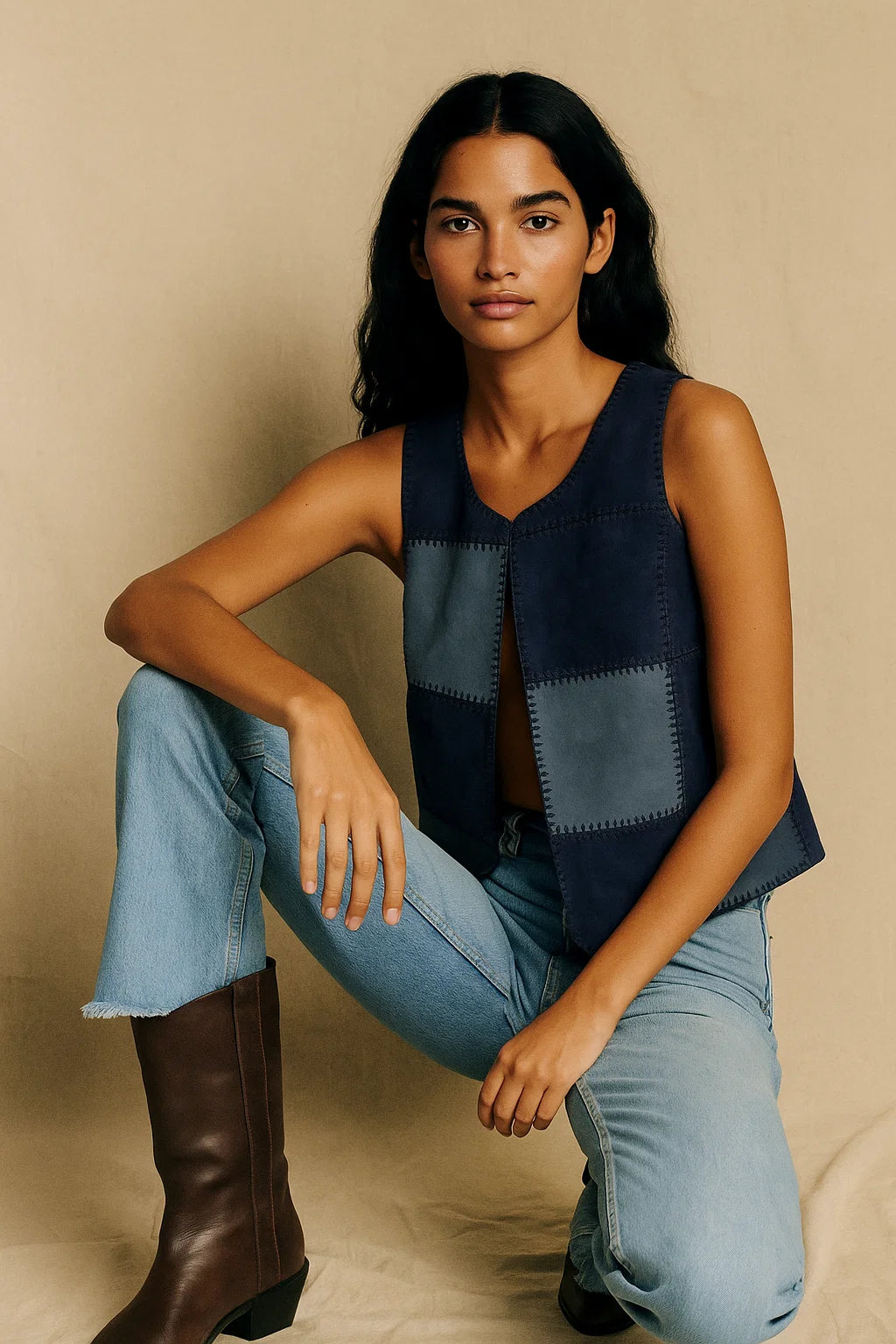 Gilet En Cuir Patchwork Sans Manches | Cuir De Chèvre | Style Graphique Et Original | Parfait Pour La Mi-Saison