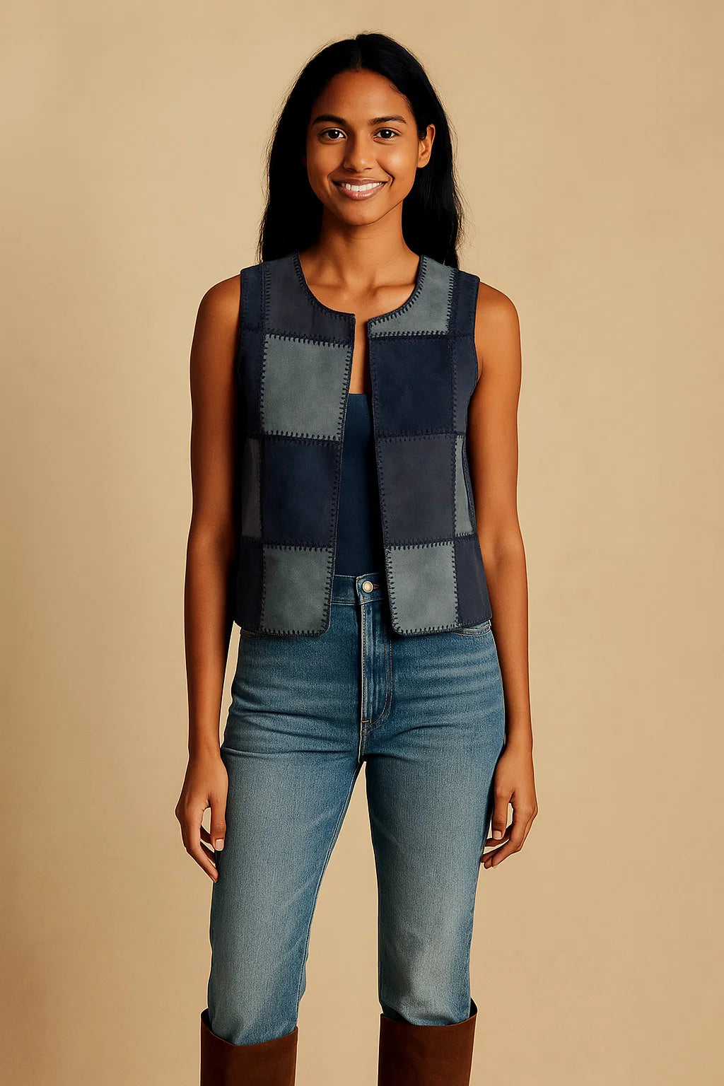Gilet En Cuir Patchwork Sans Manches | Cuir De Chèvre | Style Graphique Et Original | Parfait Pour La Mi-Saison