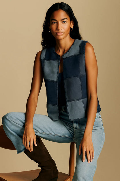 Gilet En Cuir Patchwork Sans Manches | Cuir De Chèvre | Style Graphique Et Original | Parfait Pour La Mi-Saison