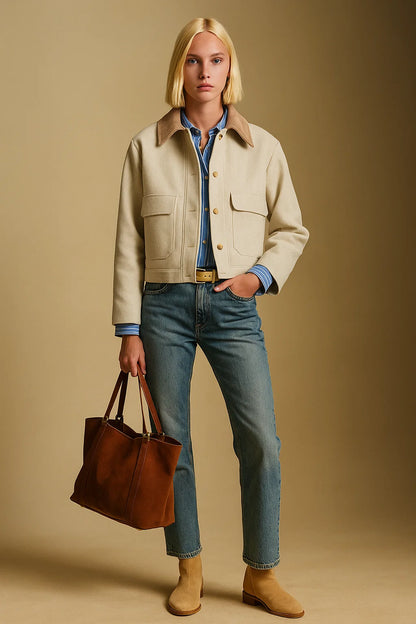 Veste Courte En Laine Recyclée | Col Contrastant Et Coupe Structurée | Idéale Pour L’Automne Et Les Looks Casual-Chic