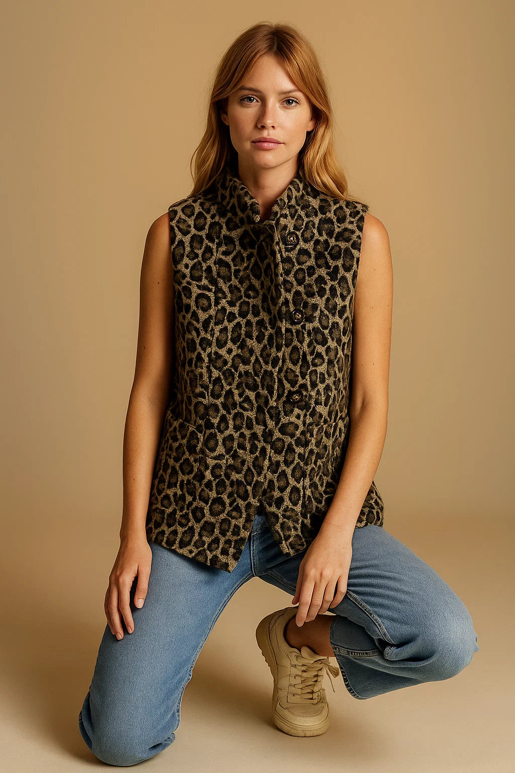 Gilet Sans Manches Imprimé Léopard | Mélange De Matières Chaudes | Idéal Pour Un Look Sauvage Et Confortable