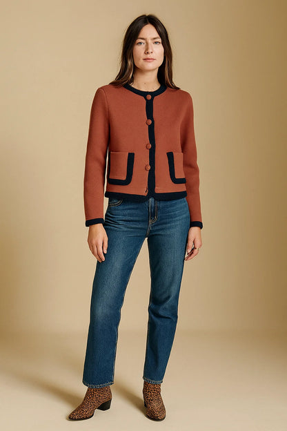 Veste En Maille Bicolore | Coton Biologique Et Laine Mérinos | Style Rétro Et Confort Naturel | Parfaite Pour La Mi-Saison