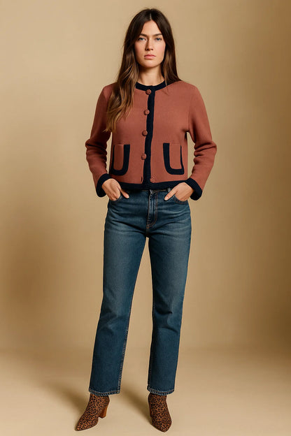 Veste En Maille Bicolore | Coton Biologique Et Laine Mérinos | Style Rétro Et Confort Naturel | Parfaite Pour La Mi-Saison