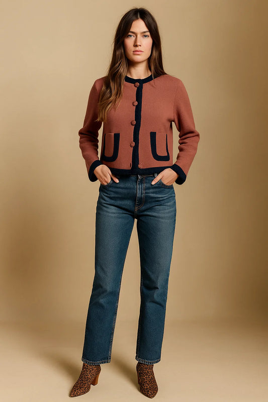 Veste En Maille Bicolore | Coton Biologique Et Laine Mérinos | Style Rétro Et Confort Naturel | Parfaite Pour La Mi-Saison