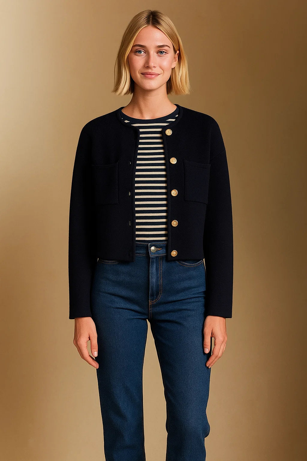 Cardigan Court En Maille | Laine Mérinos Et Coton Biologique | Boutons Dorés | Parfait Pour Un Look Élégant Et Minimaliste