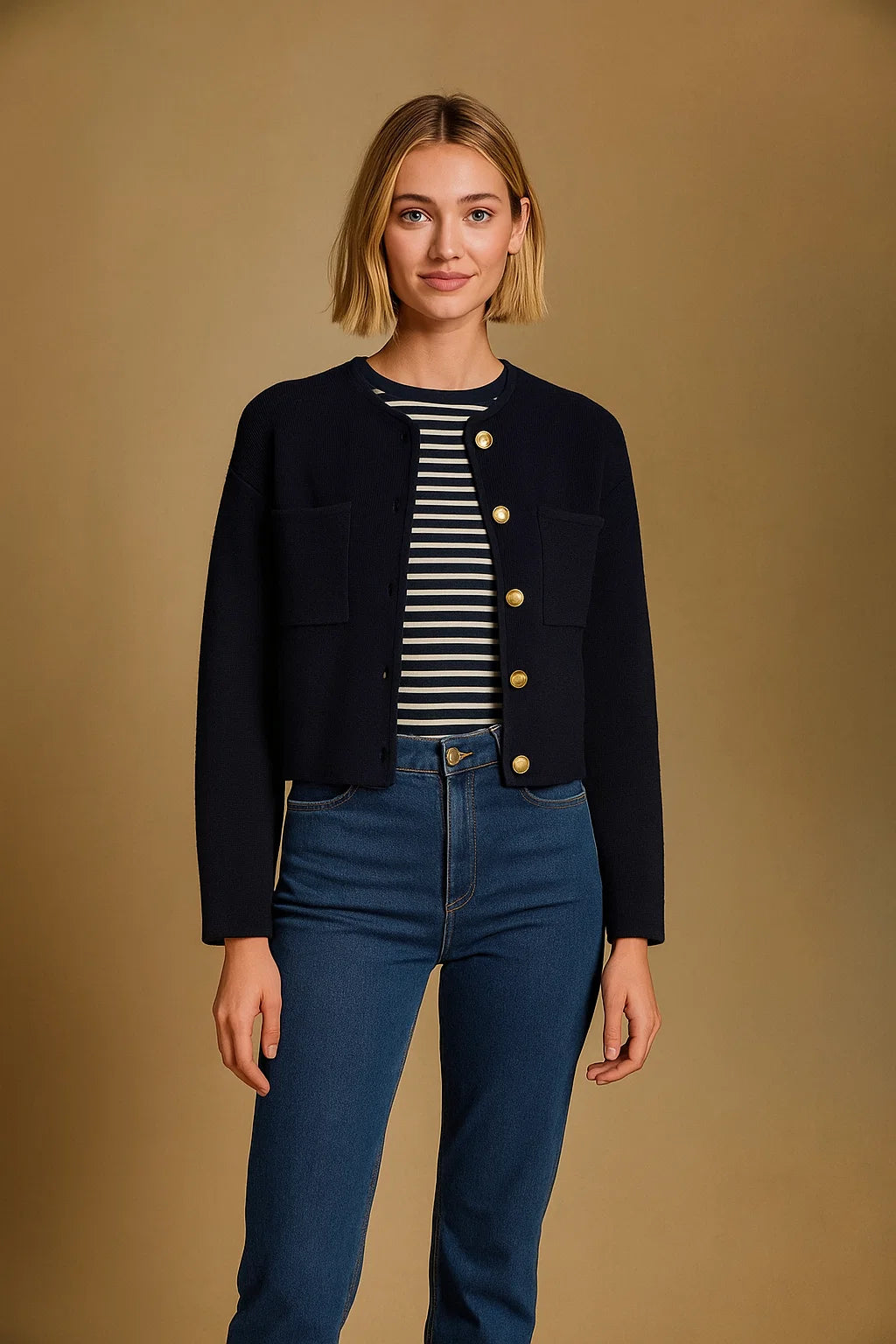 Cardigan Court En Maille | Laine Mérinos Et Coton Biologique | Boutons Dorés | Parfait Pour Un Look Élégant Et Minimaliste