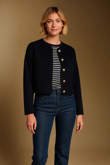 Cardigan Court En Maille | Laine Mérinos Et Coton Biologique | Boutons Dorés | Parfait Pour Un Look Élégant Et Minimaliste