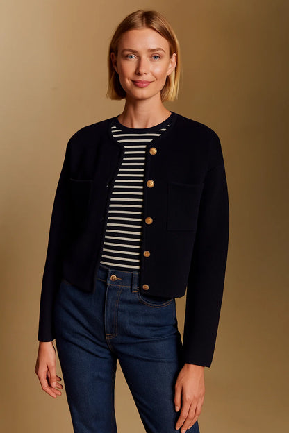 Cardigan Court En Maille | Laine Mérinos Et Coton Biologique | Boutons Dorés | Parfait Pour Un Look Élégant Et Minimaliste