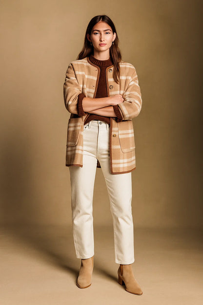 Veste À Carreaux | Laine Recyclée Et Polyamide | Coupe Droite Et Confortable | Idéale Pour L’Automne Et L’Hiver