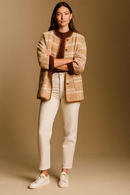 Veste À Carreaux | Laine Recyclée Et Polyamide | Coupe Droite Et Confortable | Idéale Pour L’Automne Et L’Hiver