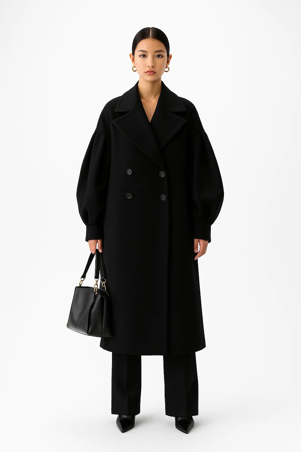 Manteau Long Structuré Manches Bouffantes