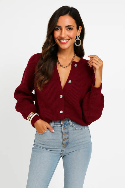 Cardigan Côtelé à Boutons Bijoux