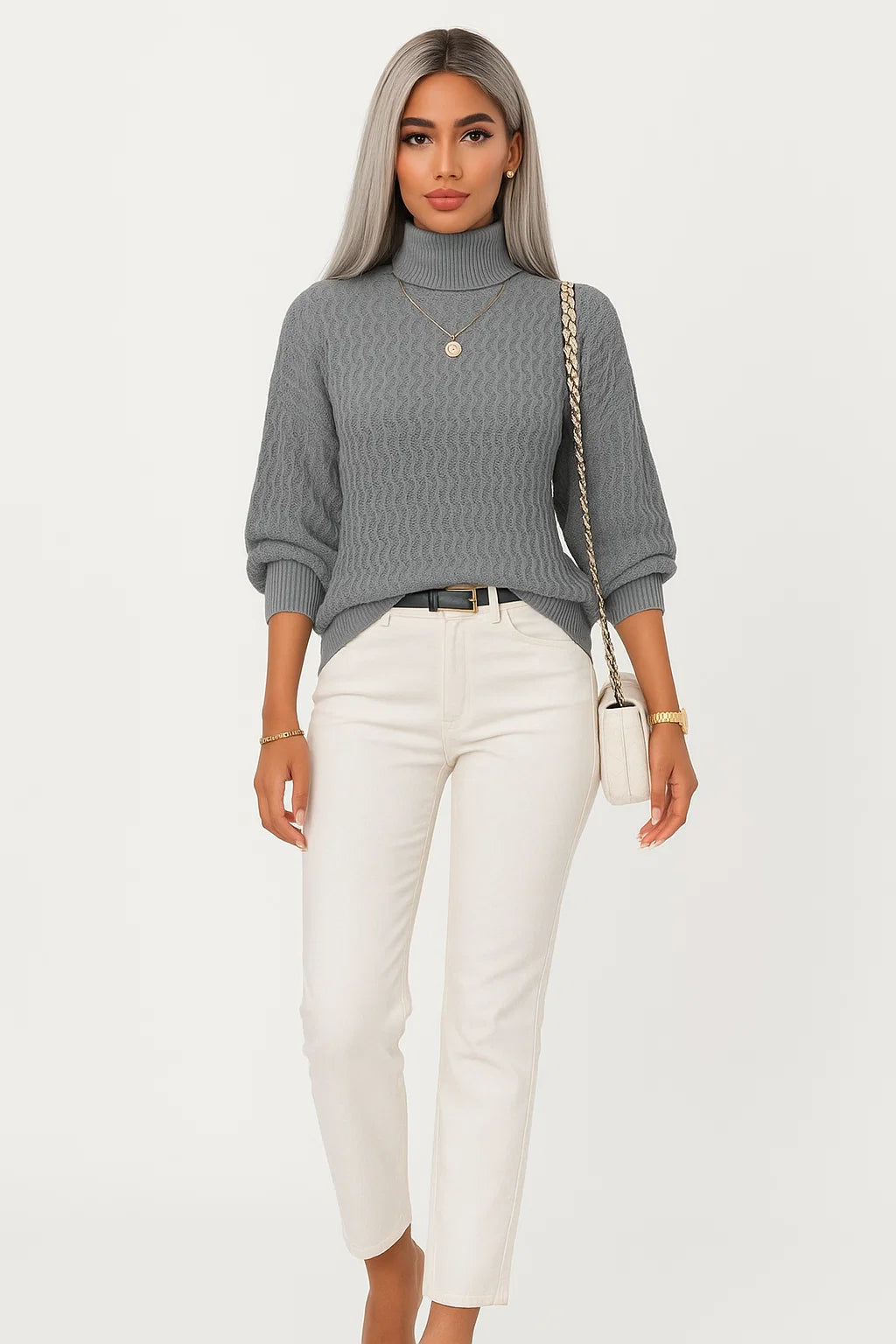 Pull Col Roulé à Maille Texturée