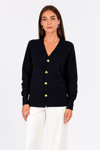 Cardigan Col V à Boutons Cœur