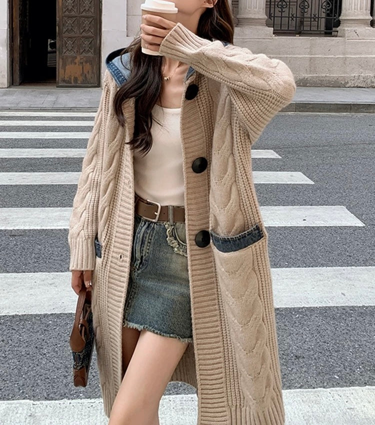 Cardigan Long Femme | Maille Torsadée Confortable | Poches Contrastées | Parfait Pour L’Automne Et Les Looks Décontractés