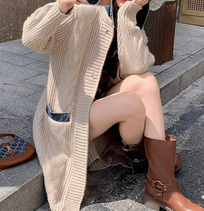 Cardigan Long Femme | Maille Torsadée Confortable | Poches Contrastées | Parfait Pour L’Automne Et Les Looks Décontractés