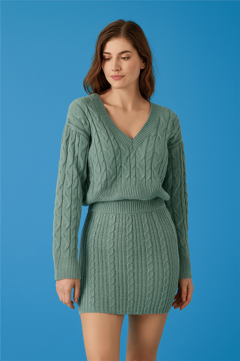 Ensemble Femme | Maille Torsadée Noire | Pull Col V Et Jupe Courte | Parfait Pour Un Look Chic Et Douillet